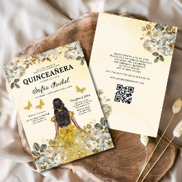 Invitación Floral Gold QR Código Princesa Quinceanera