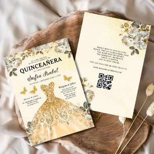 Invitación Floral Gold QR Código Princesa Quinceanera