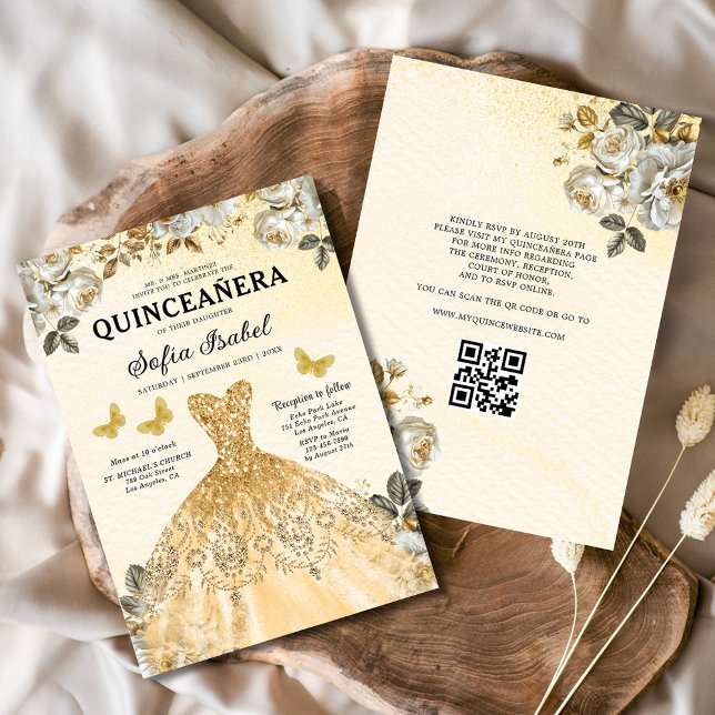 Invitación Floral Gold QR Código Princesa Quinceanera (Subido por el creador)