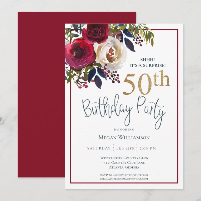 Invitación Floral Gold Red Surprise Fiesta 50 de Cumpleaños (Anverso / Reverso)