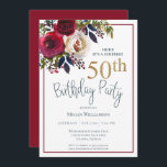 Invitación Floral Gold Red Surprise Fiesta 50 de Cumpleaños<br><div class="desc">¡Esta elegante invitación a la fiesta de cumpleaños número 50 es perfecta para su evento especial! Este diseño presenta hermosas flores rojas y blancas y una tipografía verde azulada.</div>