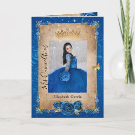 Invitación Floral Gold Royal Blue Quinceañera Foto doblada