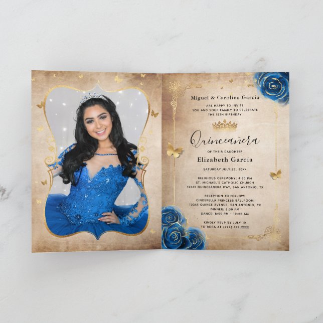 Invitación Floral Gold Royal Blue Quinceañera Foto doblada (Interior)