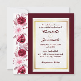 Invitación Floral Gold Rubor Boda de escritura de borgoña ros