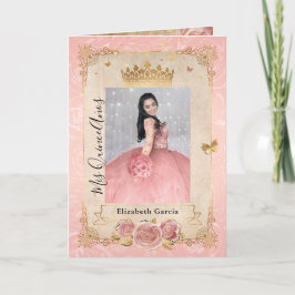 Invitación Floral Gold Rubor Pink Quinceañera Foto doblada