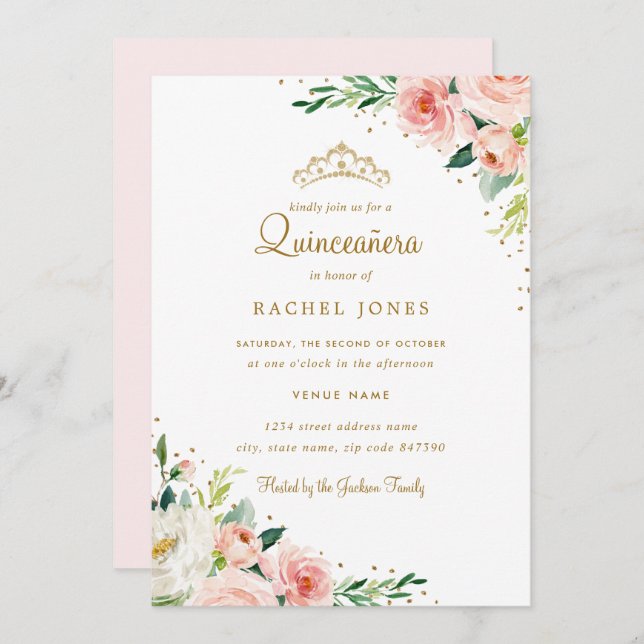 Invitación Floral Gold Rubor Quinceanera (Anverso / Reverso)
