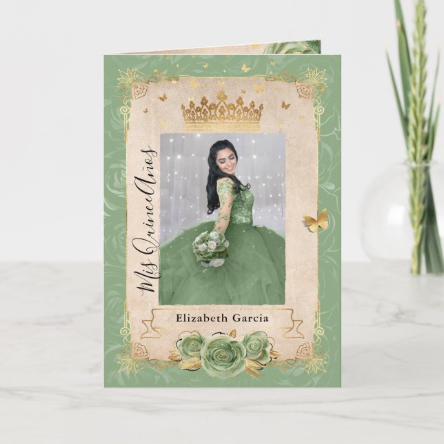 Invitación Floral Gold Sage Green Quinceañera Foto doblada (Anverso)
