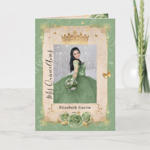 Invitación Floral Gold Sage Green Quinceañera Foto doblada
