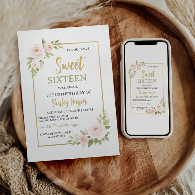 Invitación Floral Gold Script Sweet Sixteen Birthday  (Subido por el creador)