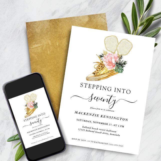 Invitación Floral Gold Shoe Pickleball Cumpleaños (Stepping Into 70 Floral Gold Shoe Pickleball Birthday Party Invitation)