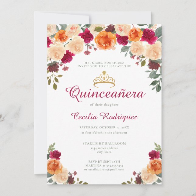 Invitación Floral Gold Tiara Quinceanera (Anverso)