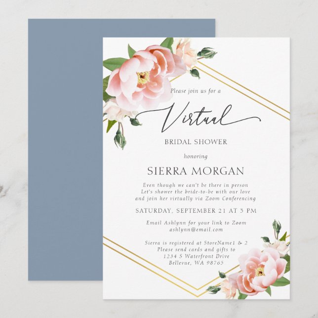 Invitación Floral Gold virtual de Rubor Dusty Blue Bridal Sho (Anverso / Reverso)