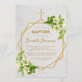 Invitación Floral Gold White Lilis Marble Baptismo Geométrico