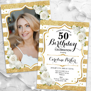 Invitación Floral Gold White Photo 50th Cumpleaños