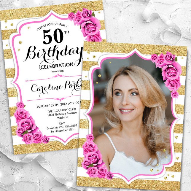 Invitación Floral Gold White Pink Foto 50 cumpleaños (Subido por el creador)