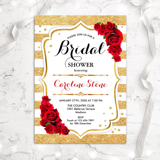 Invitación Floral Gold White Stripes Bridal Shower (Subido por el creador)