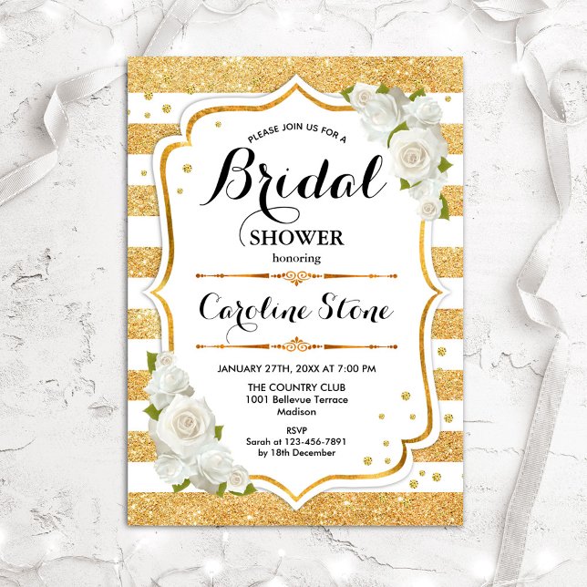 Invitación Floral Gold White Stripes Bridal Shower (Subido por el creador)