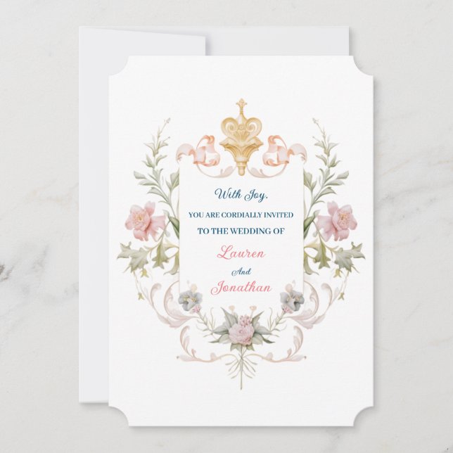 Invitación Floral Golden Royal Crest & Blush Roses Wedding (Anverso)