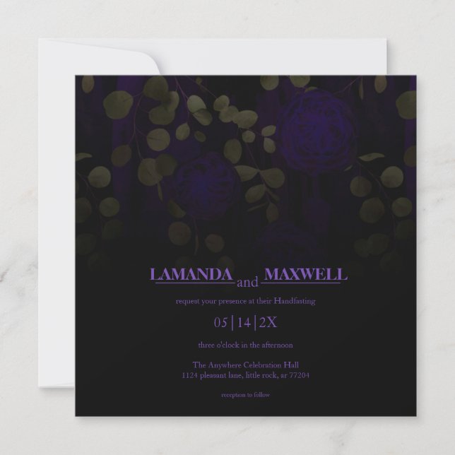 Invitación Floral Gotho Purple & Gold Leaves Handfasting (Anverso)