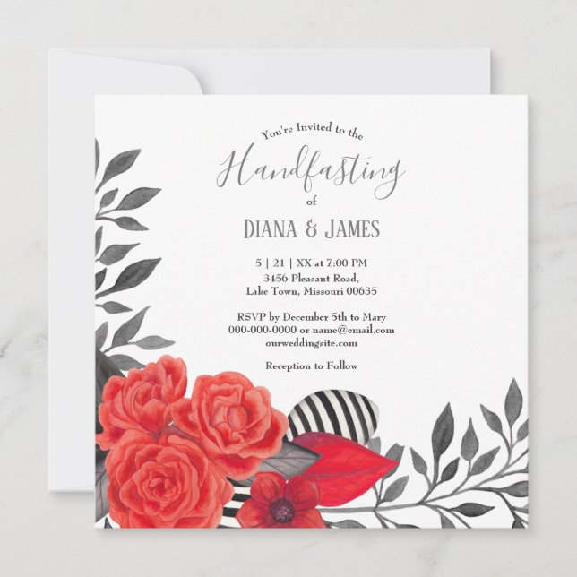 Invitación Floral gótica | Boda de ayuno rojo y negro (Anverso)