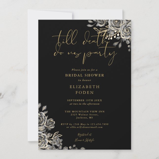 Invitación Floral Gótica, Negro Y Ducha De Novias De Oro (Anverso)