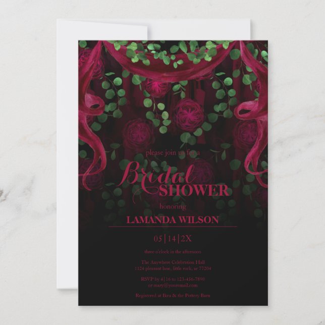 Invitación Floral gótica oscura Fuchsia ducha de novia negra (Anverso)