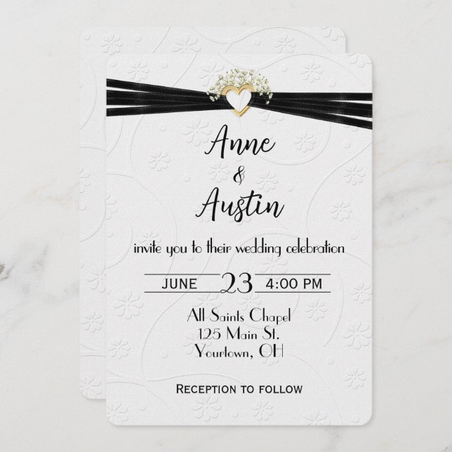 Invitación Floral Grabado en relieve blanco boda con cinta ca (Anverso / Reverso)
