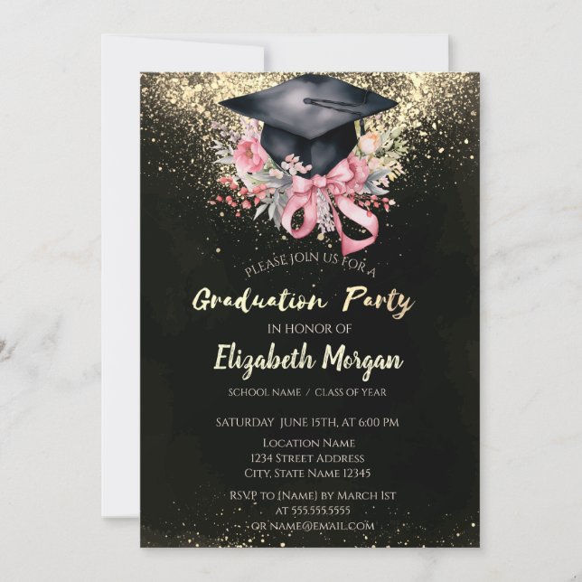 Invitación Floral Grad Cap, Bow Confetti Graduation Party (Anverso)