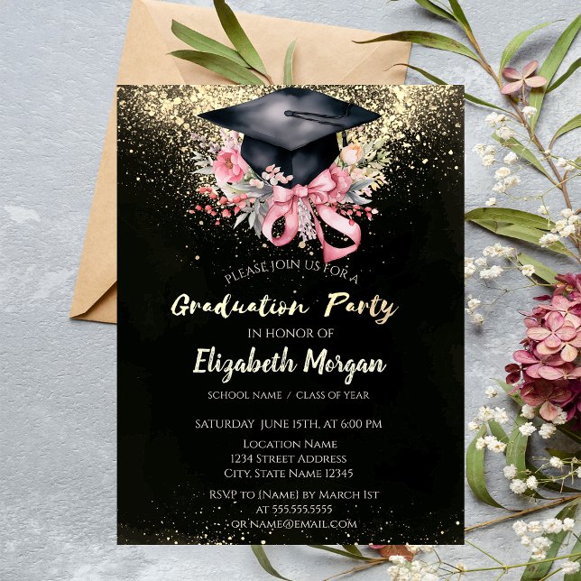 Invitación Floral Grad Cap, Bow Confetti Graduation Party (Subido por el creador)