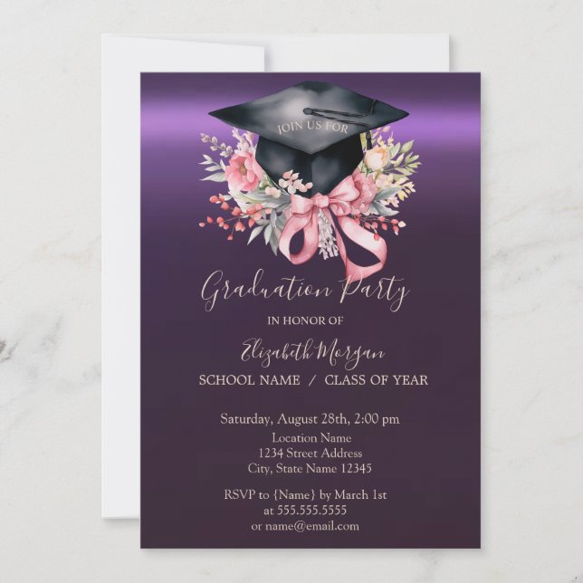 Invitación Floral Graduation Cap,Bow Purple Graduation  (Anverso)