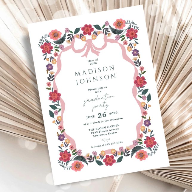 Invitación Floral Graduation Party Ribbon Frame (Floral Graduation Party Ribbon Frame Invitation)