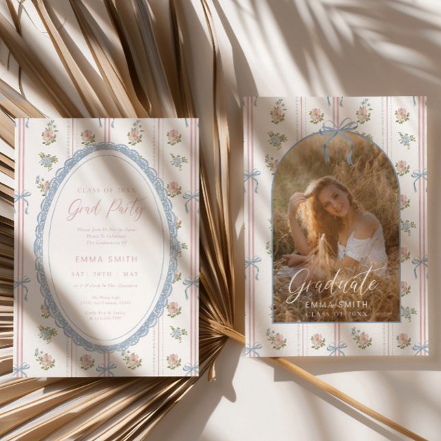 Invitación Floral Graduation Photo Announcement Card Blue Bow (Subido por el creador)