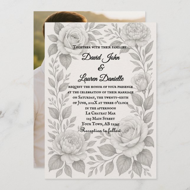 Invitación Floral Graphite Photo Wedding Invitation (Anverso / Reverso)