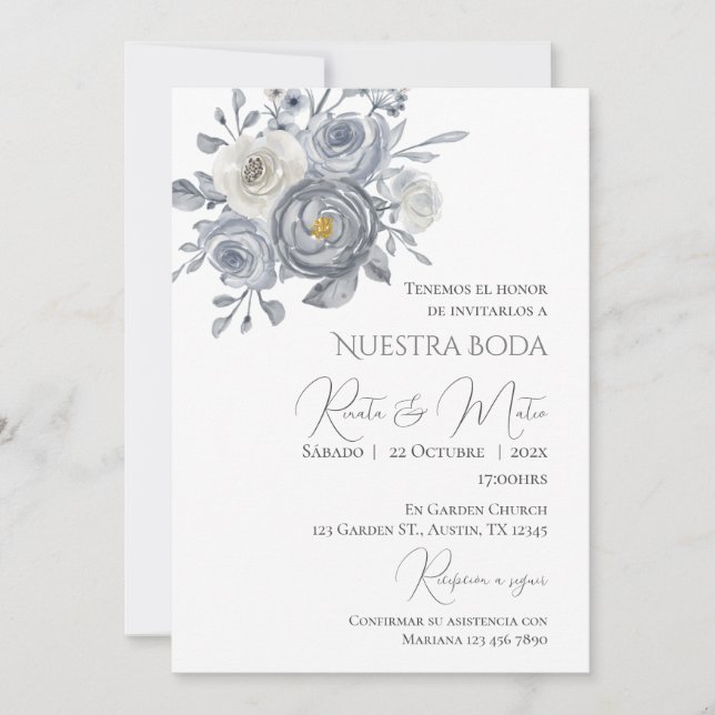 Invitación Floral Gray Spanish Wedding Invitation (Anverso)