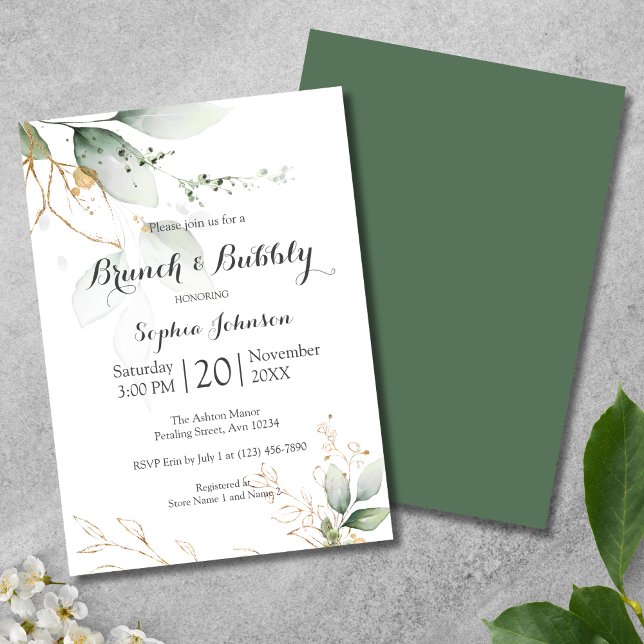 Invitación Floral Green Gold Brunch & Bubbly Bridal Shower (Brunch and Bubbly Bridal Shower Invitation)
