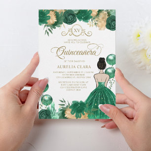 Invitación Floral Green Gold Princess XV Quinceañera Cumpleañ