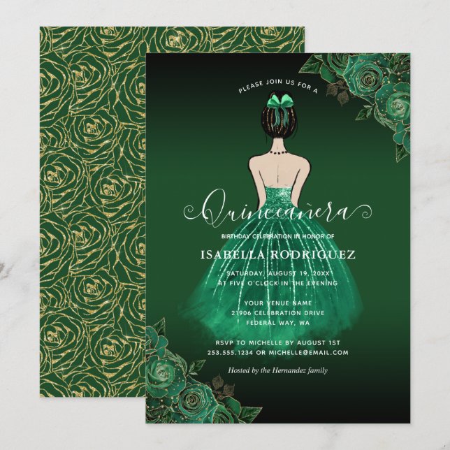 Invitación Floral Green Princess Gold Birday Quinceañera (Anverso / Reverso)