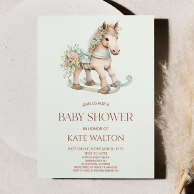 Invitación Floral Green Vintage Toy Rocke Horse Baby Shower (Subido por el creador)