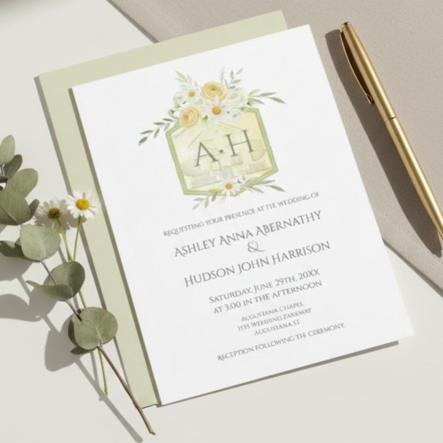 Invitación Floral Green Watercolor Monogram Crest Wedding  (Subido por el creador)