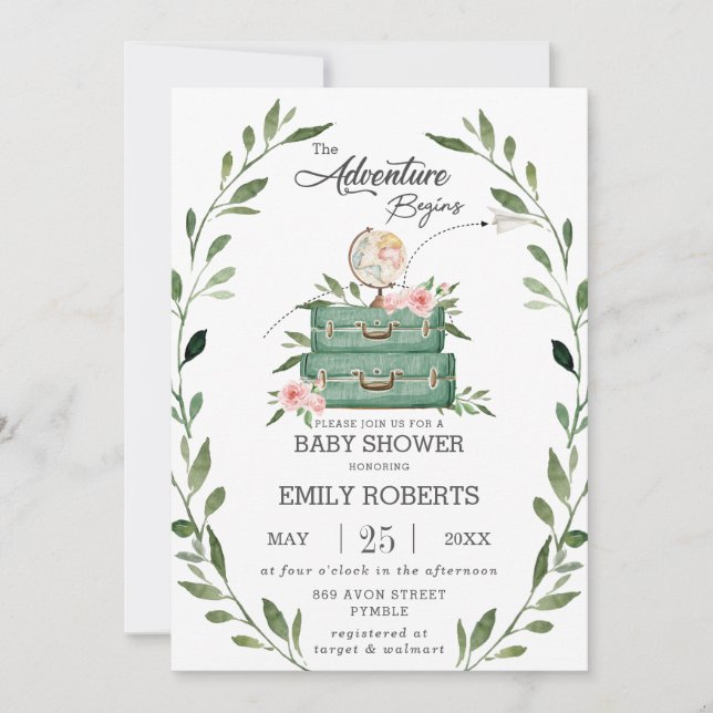 Invitación Floral Greenery Adventure Baby Shower Travel (Anverso)