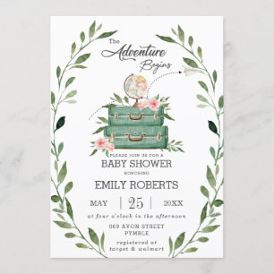 Invitación Floral Greenery Adventure Baby Shower Travel
