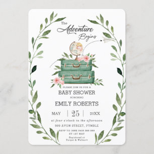 Invitación Floral Greenery Adventure Baby Shower Travel