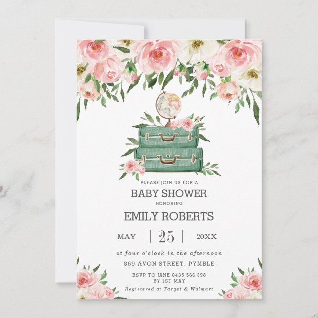 Invitación Floral Greenery Adventure Travel Chica de Baby Sho (Anverso)