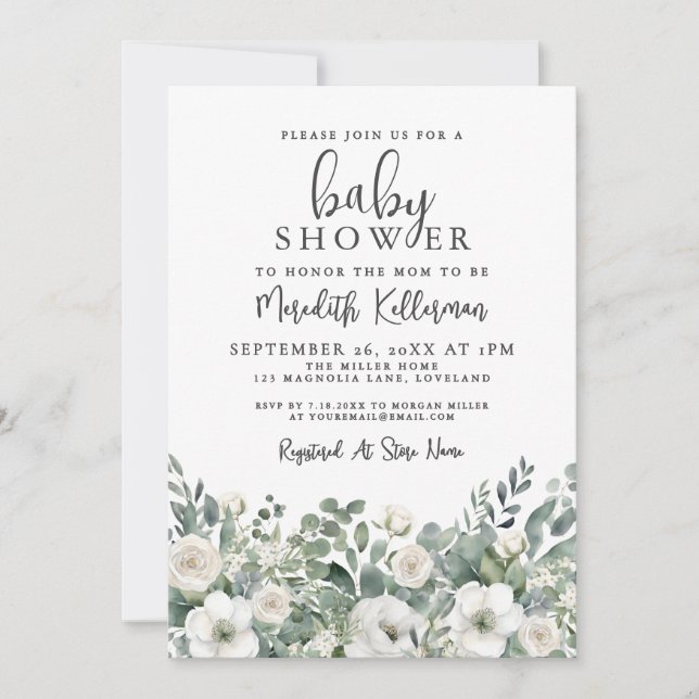 Invitación Floral Greenery Eucalyptus Baby Shower (Anverso)