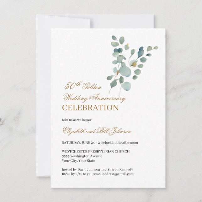 Invitación Floral Greenery Gold 50 Aniversario Boda (Anverso)