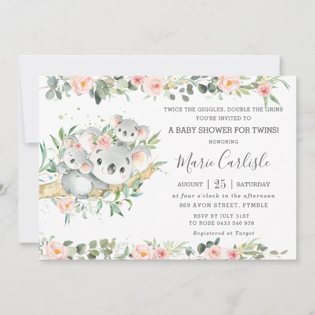 Invitación Floral Greenery Koala Twins Boy Chica Baby Shower (Anverso)