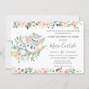 Invitación Floral Greenery Koala Twins Boy Chica Baby Shower