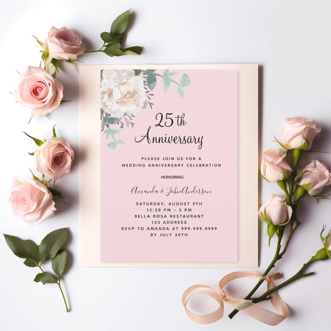 Invitación Floral greenery pink 25th wedding anniversary (Subido por el creador)