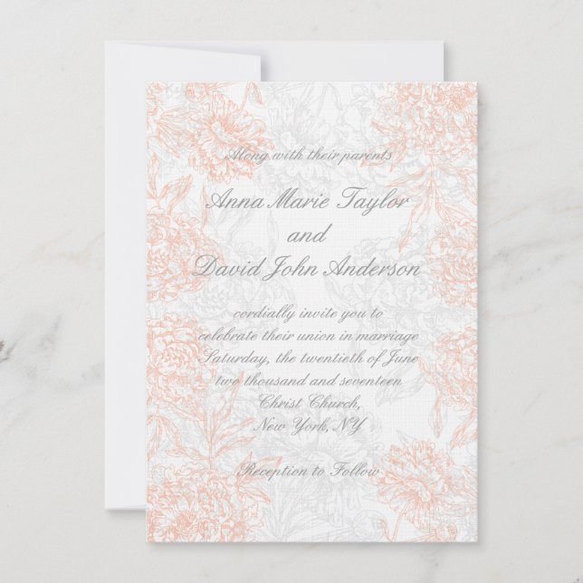 Invitación floral gris anaranjada de la boda del (Anverso)