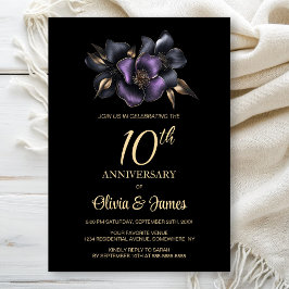 Invitación Floral gris morado negro 10° aniversario